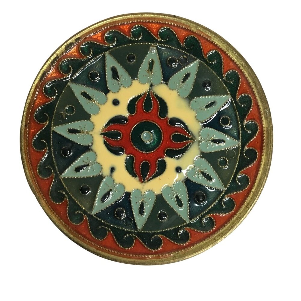VTG Enamel Brass Wall Plate 3” Folk Art Cloisonné Boho Retro MCM Hanging Mandala